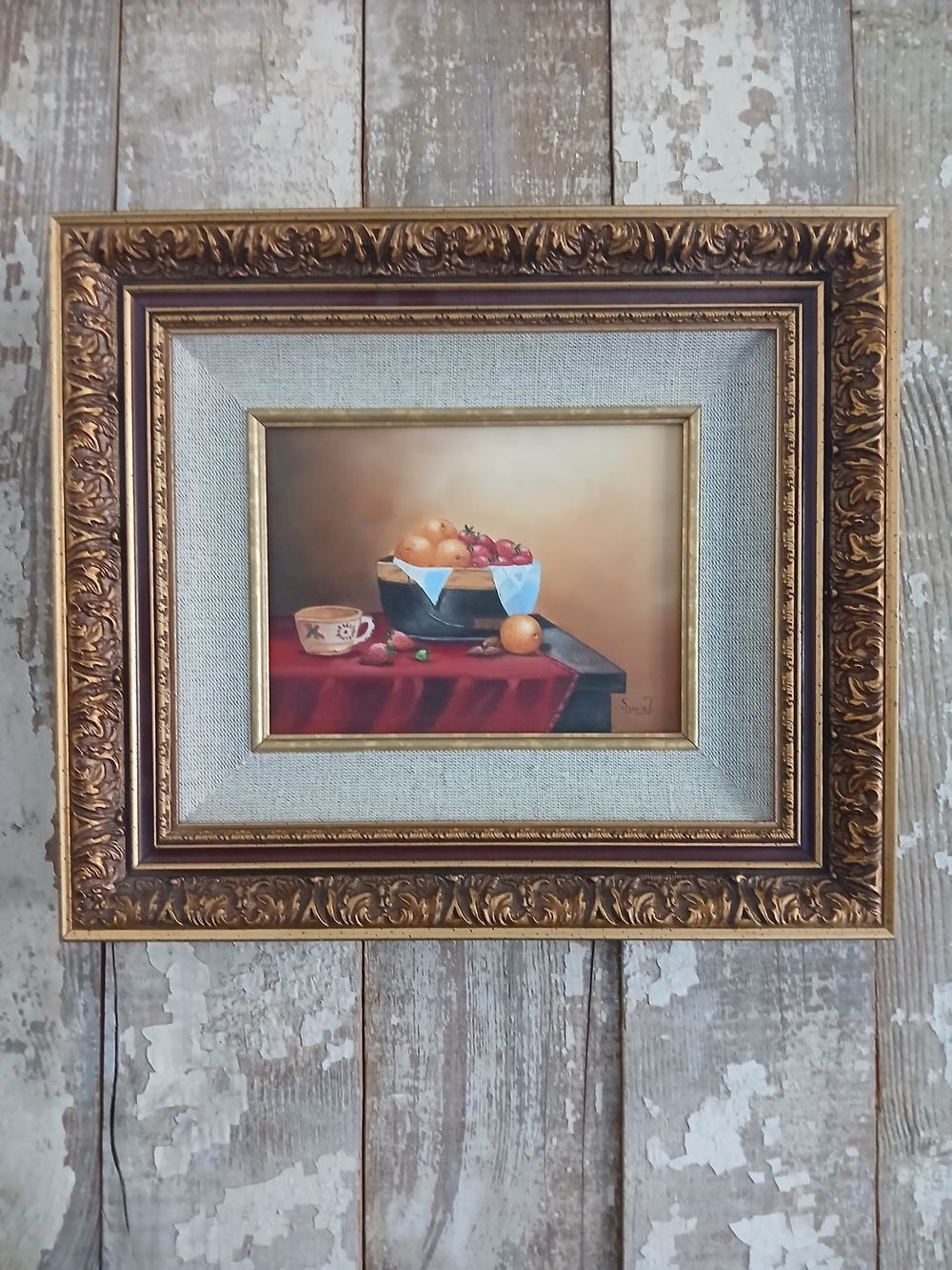 Vintage Gold Ornate Framed Still Life Wall Art-Still Life with Fruits and Teacup